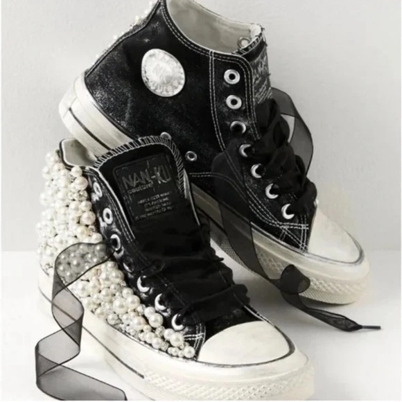 New Free People Nan Ku Pearl Crush Hightop sneaker Pearl Jewel Black - Picture 1 of 9